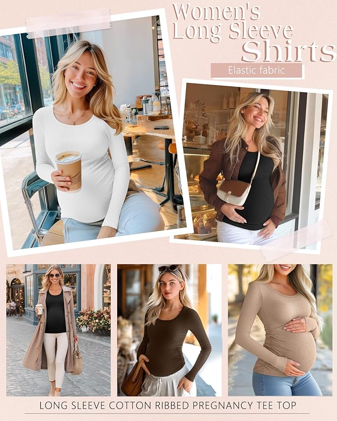 Riyiper 4 Pack Women's Maternity Shirts, Long Sleeve Cotton Ribbed Pregnancy Tee Top Crewneck Side Ruched Casual Mama Clothes