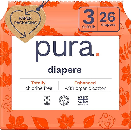 Pura Size 3 Eco-Friendly Diapers (9-20 lbs) Totally Chlorine Free (TCF) Hypoallergenic, Soft Organic Cotton, Sustainable, up to 12 Hours Leak Protection, Allergy UK, 1 Pack of 26 Diapers