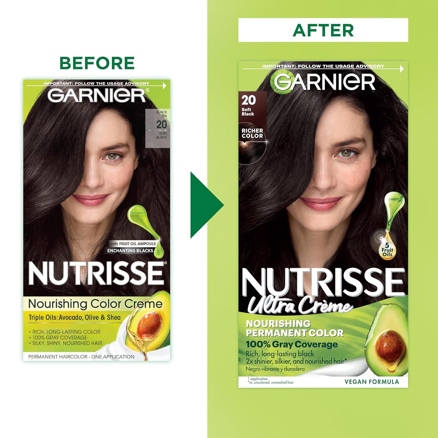 Garnier Hair Color Nutrisse Nourishing Creme, 20 Soft Black (Black Tea) Permanent Hair Dye, 2 Count (Packaging May Vary)