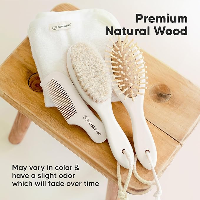 Wooden Baby Hair Brush - Cradle Cap Baby Brush with Soft Goat Bristles, Perfect Gentle Scalp Newborn Comb for Infant, Girls, Boys, Bath Essentials (Vanilla, Oval)