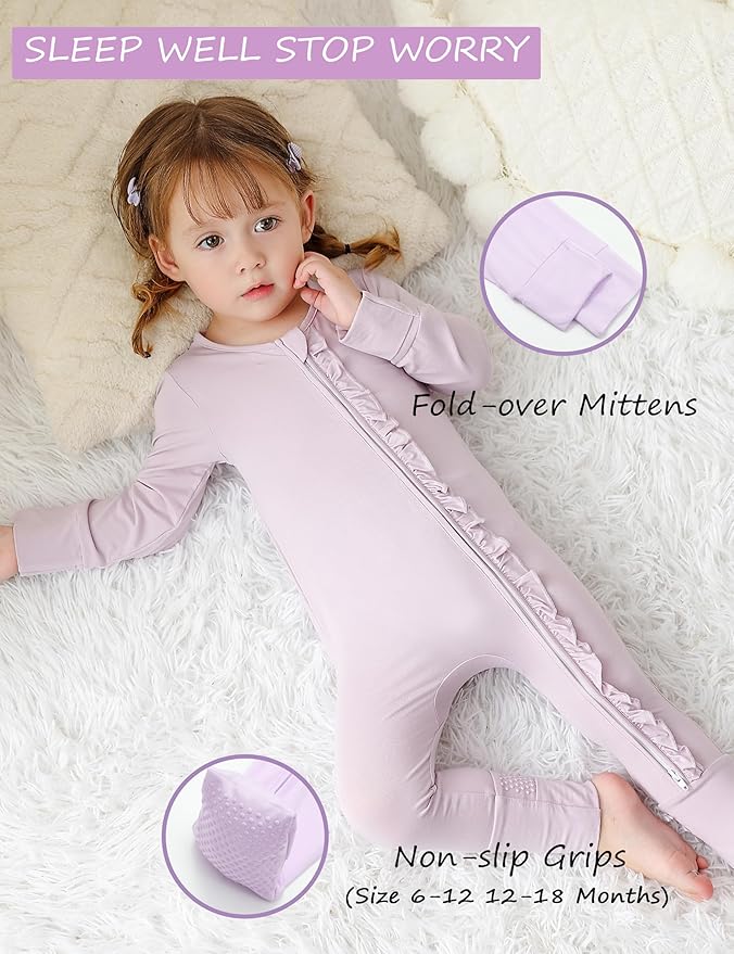 JunNeng Baby Girl Viscose from Bamboo Sleeper with Mitten Cuffs, 2 Way Zipper Romper, Sleep N' Play Pajamas 0-18 Months