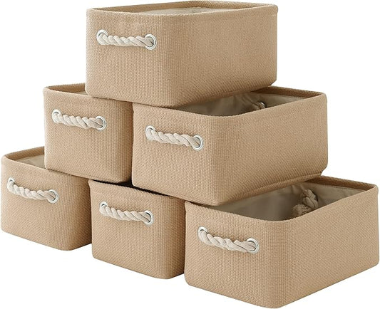 Organization and Storage Basket for Gifts Empty - 12x8x5.2 inch Small 6 Pack Collapsible Storage Box for Organizing, Fabric Storage Cubes for Cloth Books Laundry Canvas(Beige)