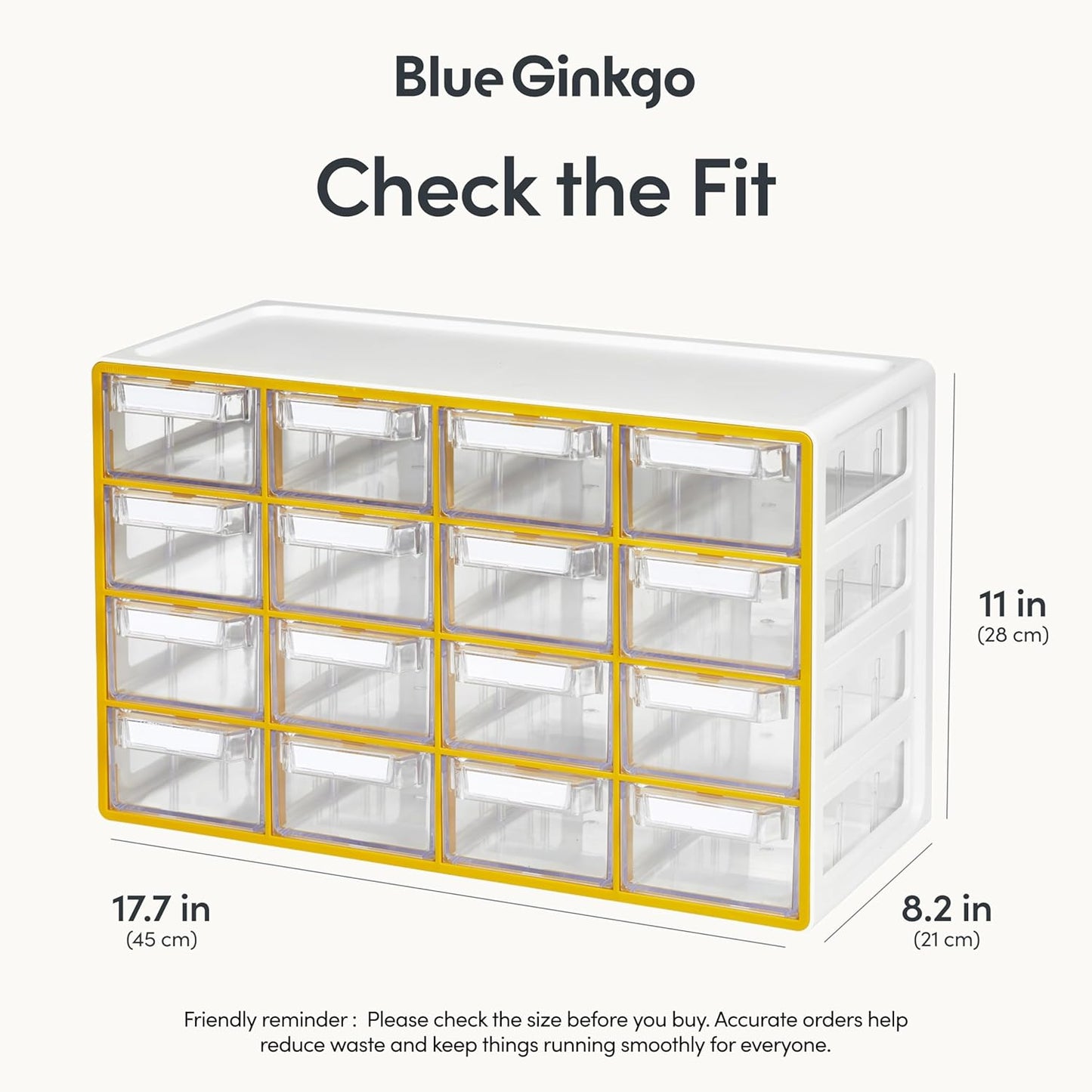 Blue Ginkgo Medium 16-Drawer Cabinet – Stackable Clear Organizer for Hardware, Beads, Plastic Bricks, Office, and Craft Storage (Made in Korea, Yellow)
