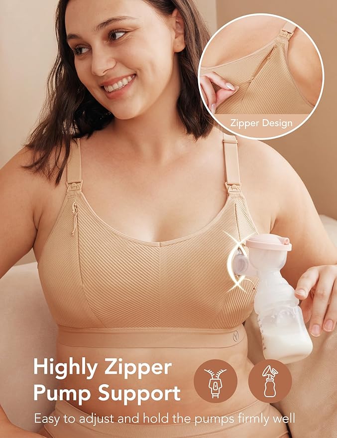 Pumping Bra Hands Free Zip Opening Seamless Nursing Bras for Breastfeeding High Support Nursing & Pumping Bra in One