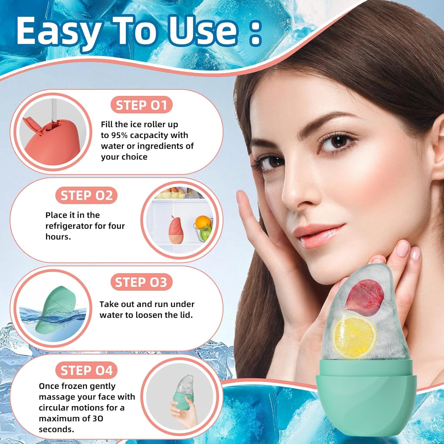 Silicone Facial Ice Cube Roller Massager, Facial Beauty Care Tool, Reusable Face Ice Mold - Brighten Skin, Reduce Puffiness for Face & Eyes (Cyan)