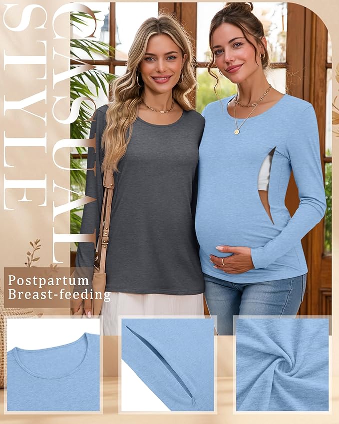 4 Pack Women's Cotton Nursing Tops, Breastfeeding Maternity with Hidden Zippers Crew Neck Long Sleeve Pregnancy Shirts