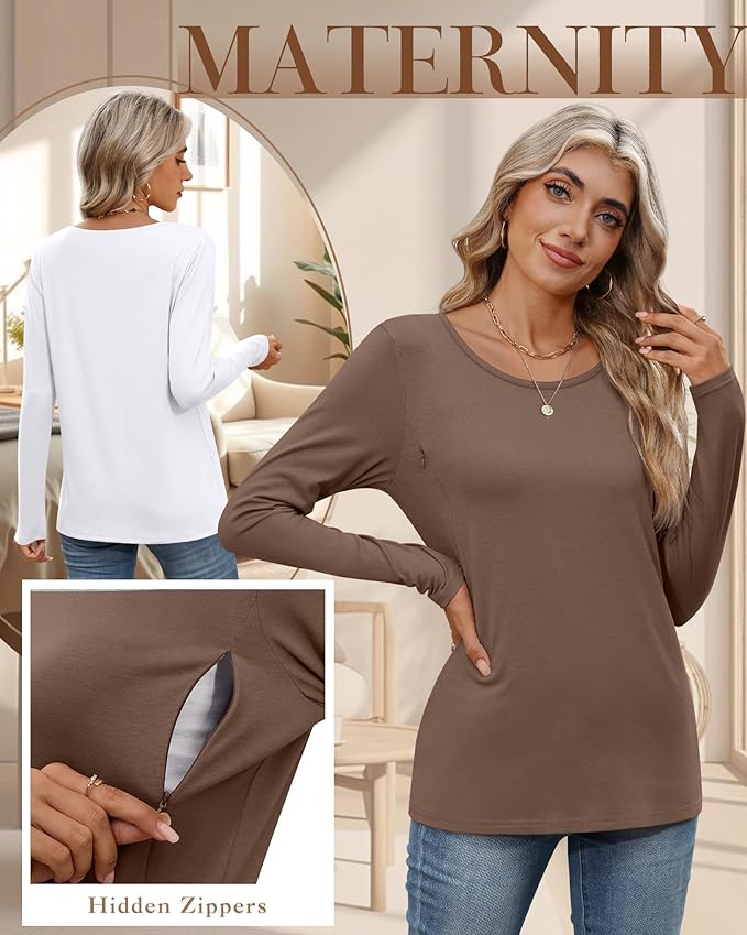 4 Pack Women's Cotton Nursing Tops, Breastfeeding Maternity with Hidden Zippers Crew Neck Long Sleeve Pregnancy Shirts