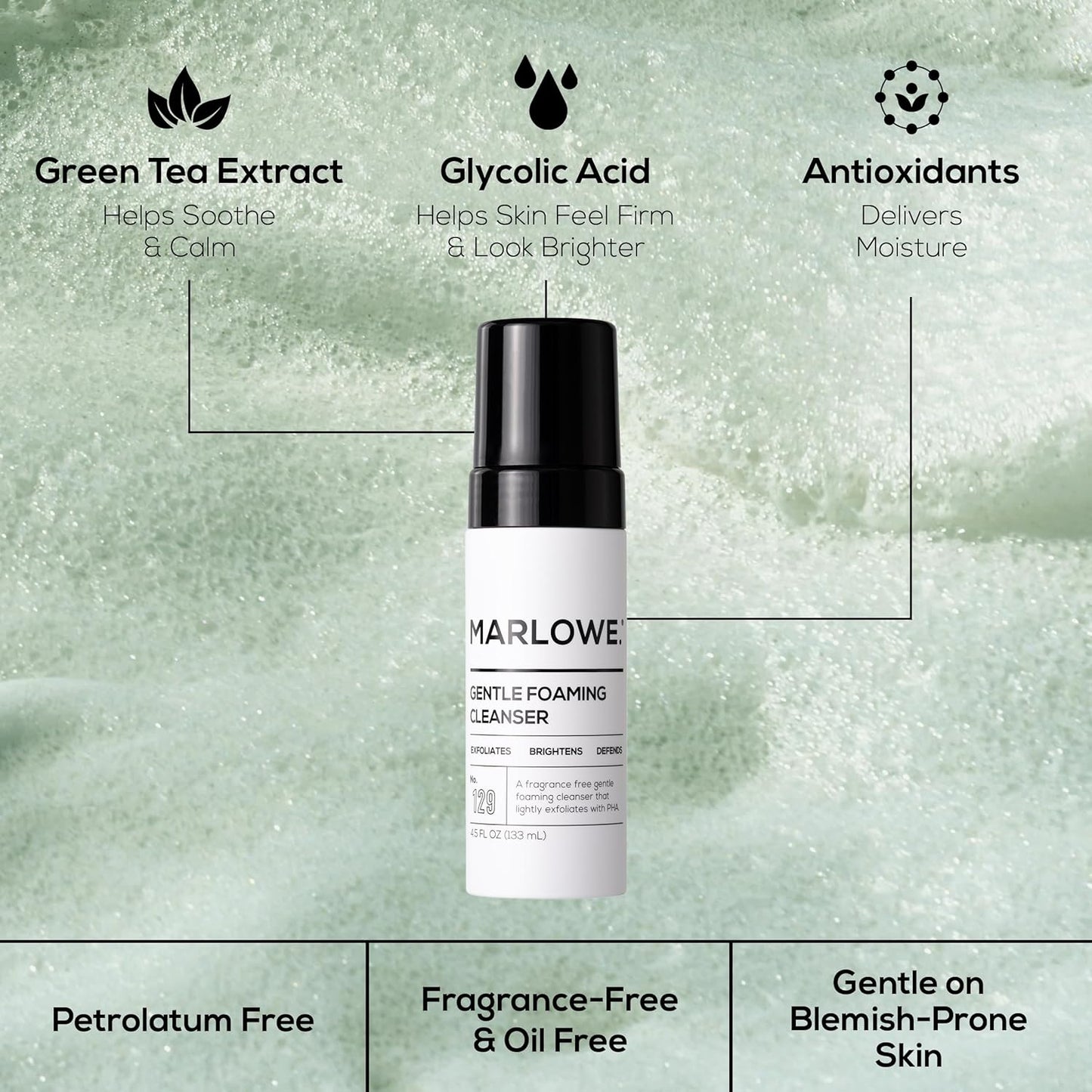 MARLOWE. No. 129 Gentle Foaming Facial Cleanser 4.5 Oz, Exfoliating, Brightening & Protective Daily Mens Face Wash with PHA, Natural Green Tea Extracts & Antioxidants, Unscented & Vegan