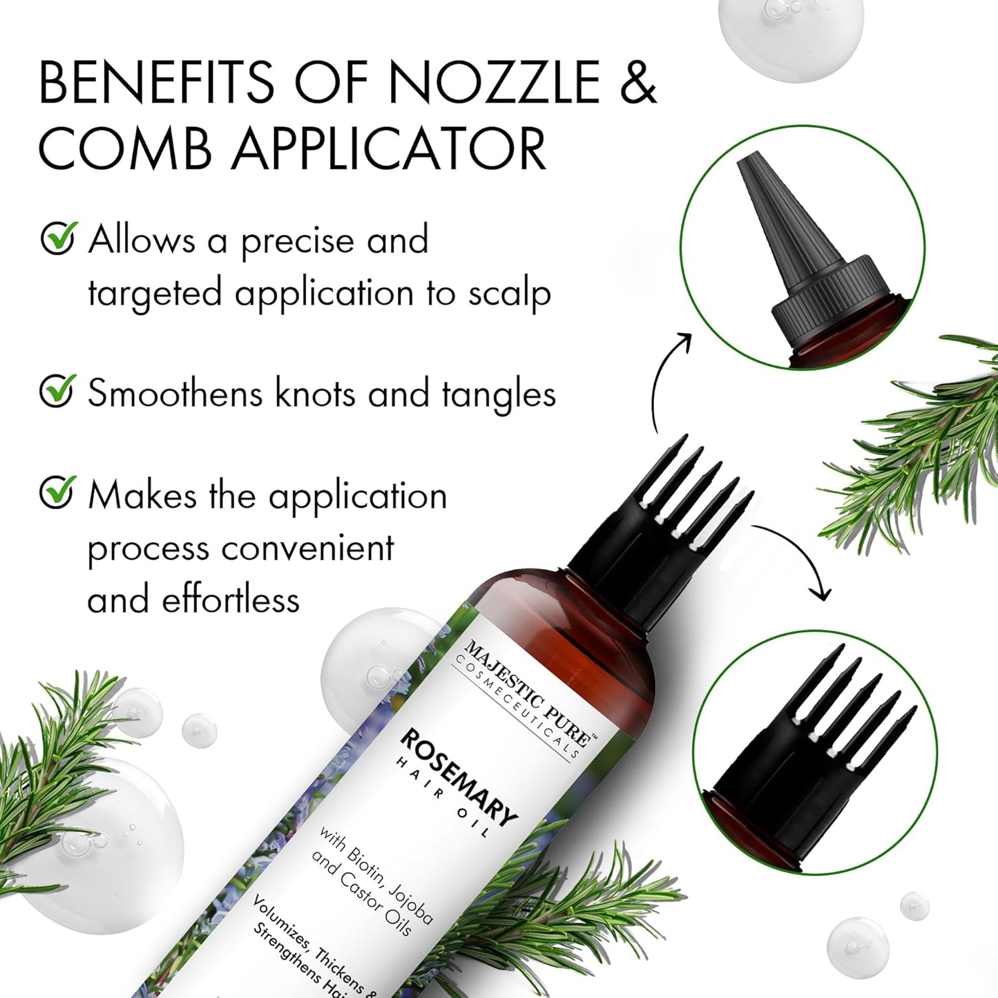 Majestic Pure 100% Pure Rosemary Oil For Hair Growth - Strengthening, Nourishing, Volumizing - Infused with Biotin Oil, Jojoba Oil & Castor Oil - Non GMO Verified - 6.7 Fl Oz