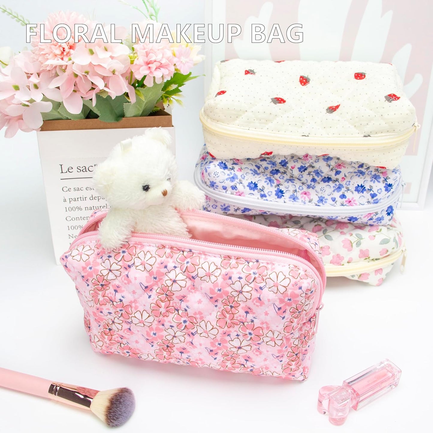 PAZIMIIK Vintage Quilted Makeup Bag Cosmetic Pouch for Brushes Pencils and Travel Make Up Accessories for Women and Girls Floral Pink