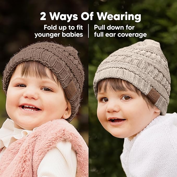 3-Pack Baby Beanies for Boys, Girls - Stretchy Knit Baby Hats, Cute Newborn & Toddler Winter Hat, Soft & Warm Infant Beanie 6-36 Months (Pecan, M)