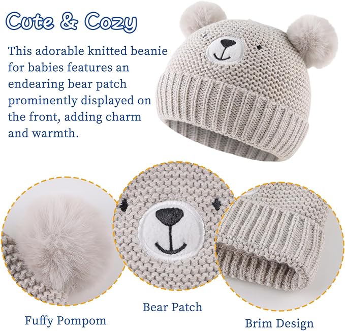 JANGANNSA Cute Bear Baby Beanie Pompom Baby Boys Hat Infant Toddler Winter Knitted Beanies for Girls
