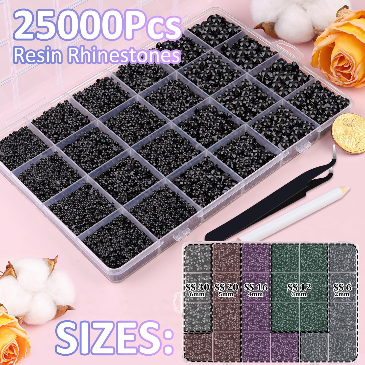25000Pcs Resin Jelly Rhinestones for Crafting, Black 2-6mm Mixed Sizes Non Hotfix Flatback Gems, Bedazzling Crystal for DIY Crafts Clothing Tumblers Mugs Shoes Fabric Nail Art
