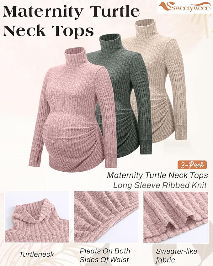3 Pack Maternity T-Shirts Pregnancy Tops Women Sweater Long Sleeve Turtleneck Ribbed Finger Sleeve Outfits