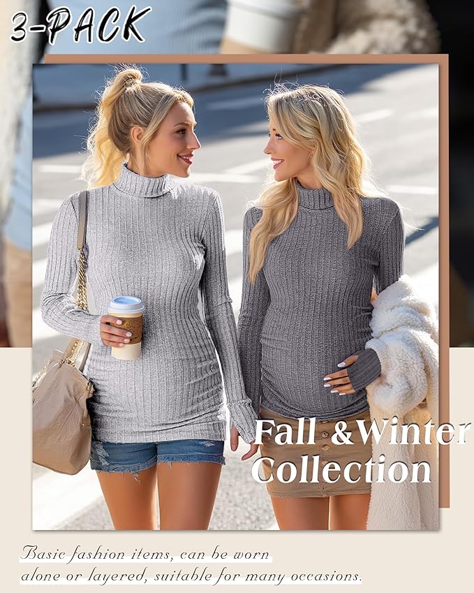 3 Pack Maternity T-Shirts Pregnancy Tops Women Sweater Long Sleeve Turtleneck Ribbed Finger Sleeve Outfits