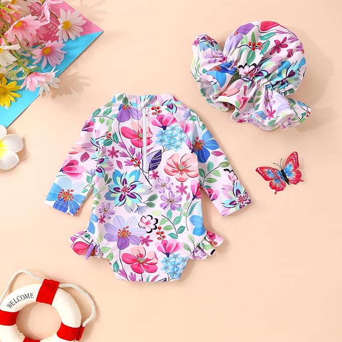 Infant Baby Girl Swimsuit One-Piece Long Sleeve Rash Guard with Hat Set Floral Zipper Bathing Suit Leopard Beach Wear