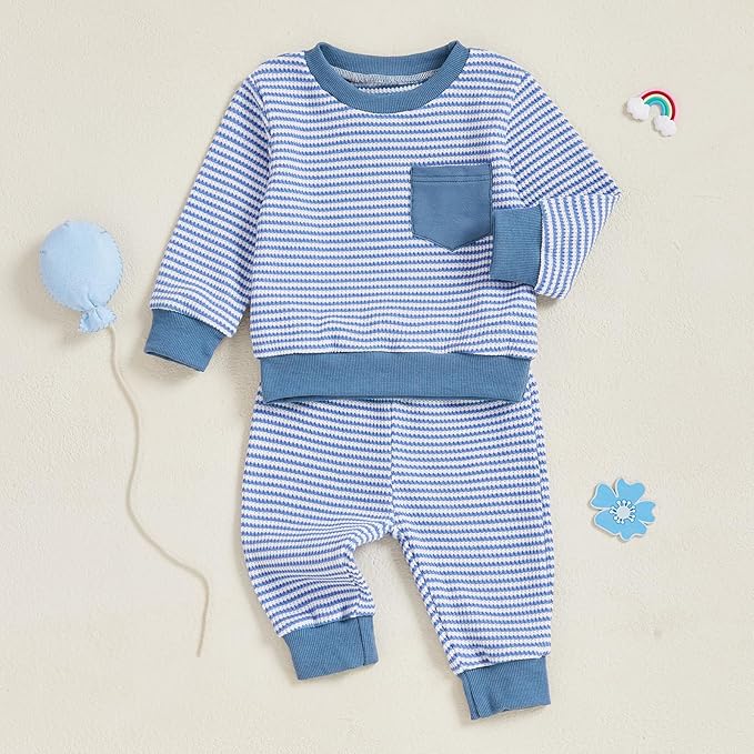 Toddler Baby Boy Fall Clothes Waffle Outfit Long Sleeve Color Blocking Sweatshirt Pullover Jogger Pant Set