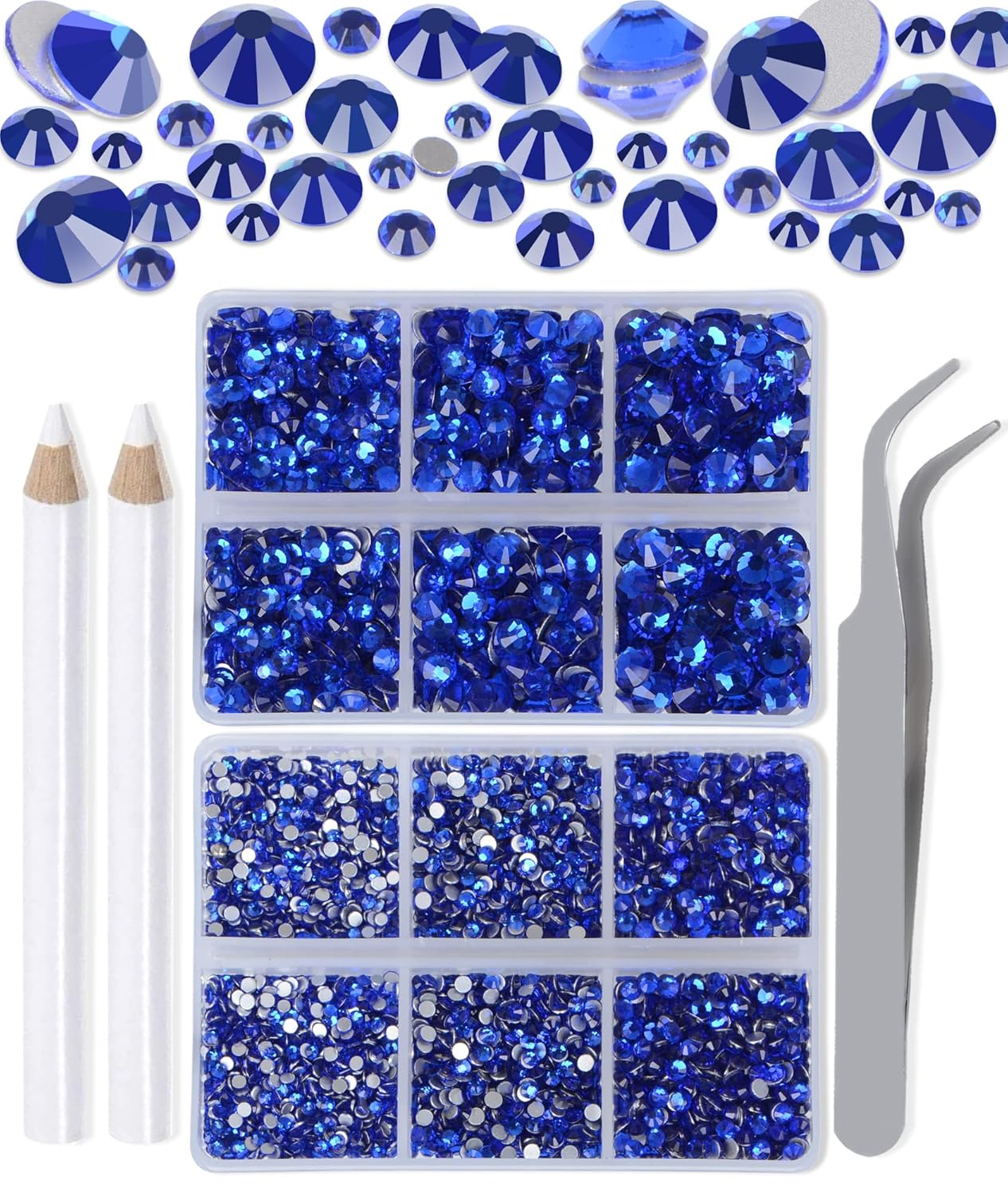 LPBeads 6000 Pieces Sapphire Non Hotfix Rhinestones 6 Sizes Round Crystal Glass Flat Back Rhinestones with Tweezers and Picking Pen for Nail Art Crafts Bags DIY