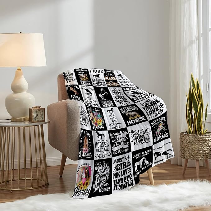 Horse Blanket for Teen Black White Throw Blanket Gifts for Girls Boys Soft Throws Blankets All Seasons 50×60 Inches for Bed Office