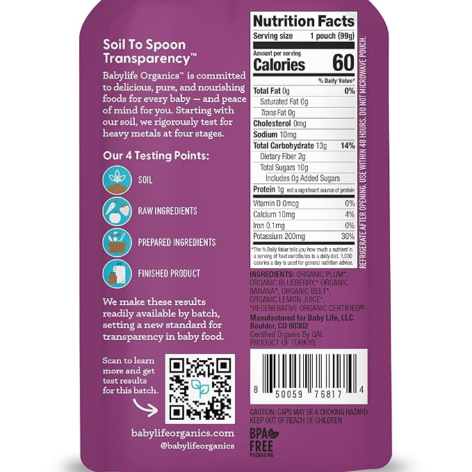 Babylife Organics Stage 2 - Plum, Blueberry, Banana & Beet, 3.5 Ounce Pouch (6 Pack) - Heavy Metal Safe, Organic Baby Food