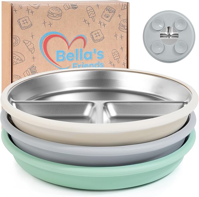 Bella’s Friends Stainless Steel Baby Plates with Suction 3 Pack, 8” Divided Toddler Plates with Removable Silicone Sleeves for Mess-Free Feeding, Non-Toxic, Non-Slip, Dishwasher Safe, beige,gray,green