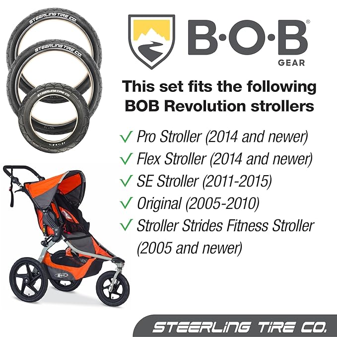 Two 16" x 1.75 Rear and One 12.5" x 2.25 Front Wheel Replacement Tires for Jogging Strollers - The Perfect BOB Stroller Tire Replacement Set by Steerling Tire Co. (3-Pack)