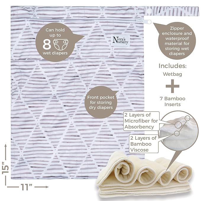 Nora's Nursery Cloth Diapers 7 Pack with 7 Inserts & 1 Wet Bag - Waterproof Cover, Washable, Reusable & One Size Adjustable Pocket Diapers for Newborns and Toddlers - Oasis