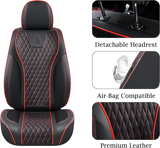 Doogo Front Car Seat Covers, Seat Covers 2 Piece, Automotive Seat Covers, Universal Leather Seat Cushions, Black Driver Seat Protectors for Most Cars Trucks SUV (Black&Red Line,Front Pair)