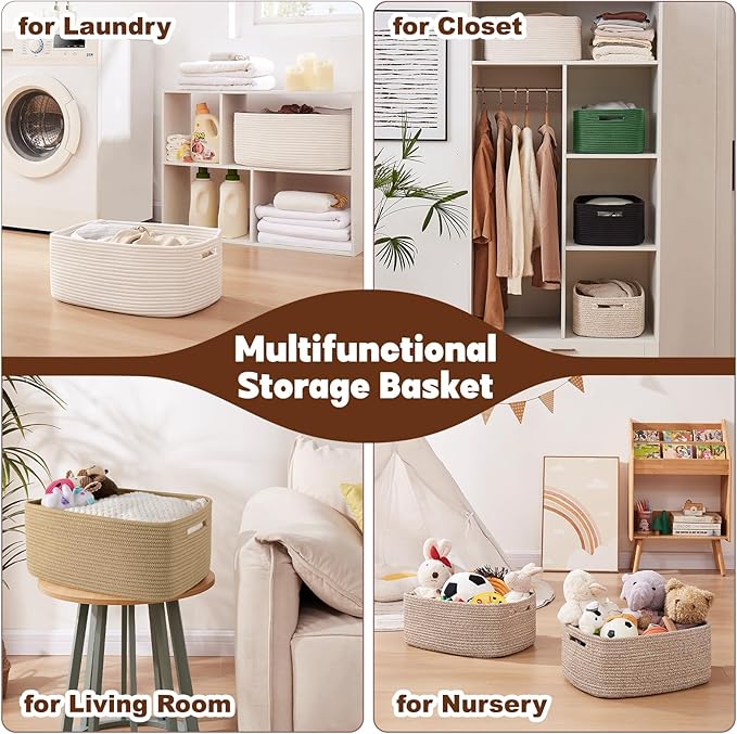 OIAHOMY Storage Basket for Shelves, Closet Cube Storage Bins Baskets for Clothes Blanket Towels, Baby Nursery, Toy Baskets Box, Woven Rope Basket, 17.72*12.99*7.87 IN, 2 Packs Brown