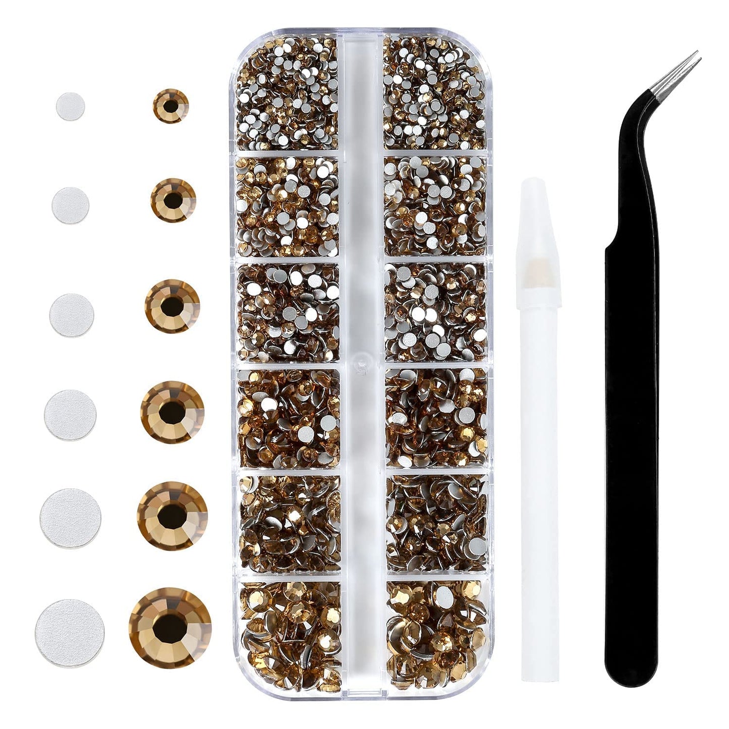 4240Pcs Brown Flatback Rhinestones 6 Sizes Crystal Diamonds for Nail Art Crafts Clothes Shoes with Tweezers and Picking Pen