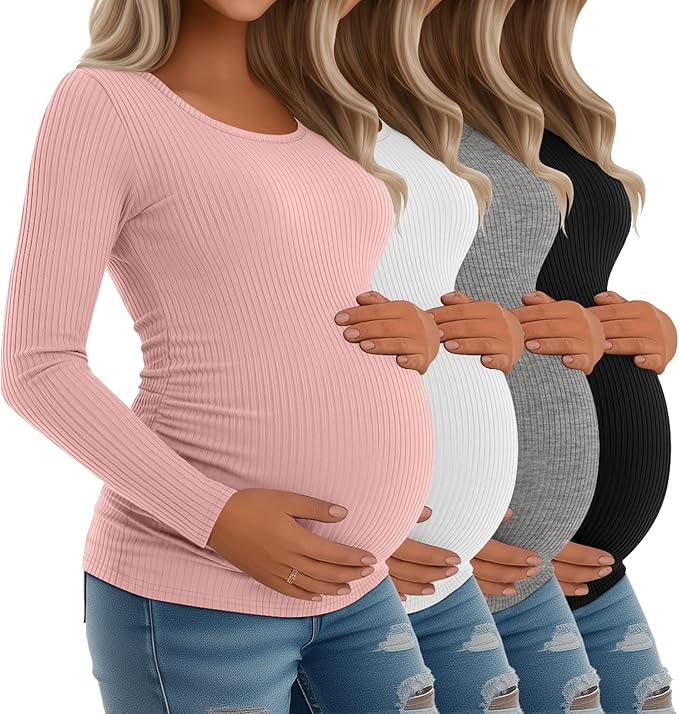 Riyiper 4 Pack Women's Maternity Shirts, Long Sleeve Cotton Ribbed Pregnancy Tee Top Crewneck Side Ruched Casual Mama Clothes