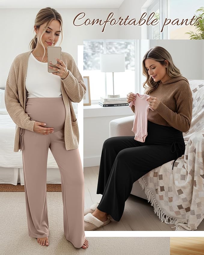 Neer 3 Pack Women's Maternity Pants Over The Belly Loose Pregnancy Pants Stretchy Lounge Wide Leg Trousers with Pockets