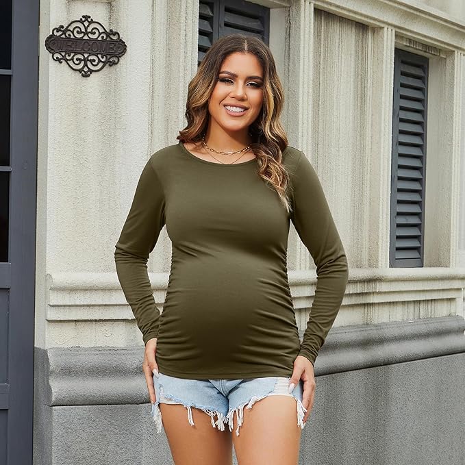 Bhome Women's Maternity Shirts 3 Packs Long Sleeve Pregnancy Tops Basic Side Ruched Tunic Blouse