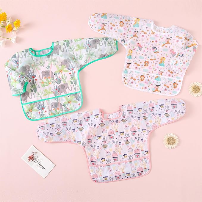 Long Sleeved Bibs, Pack of 5,Lightweight Waterproof Shirt Bibs for Baby Toddler 6-30 Months