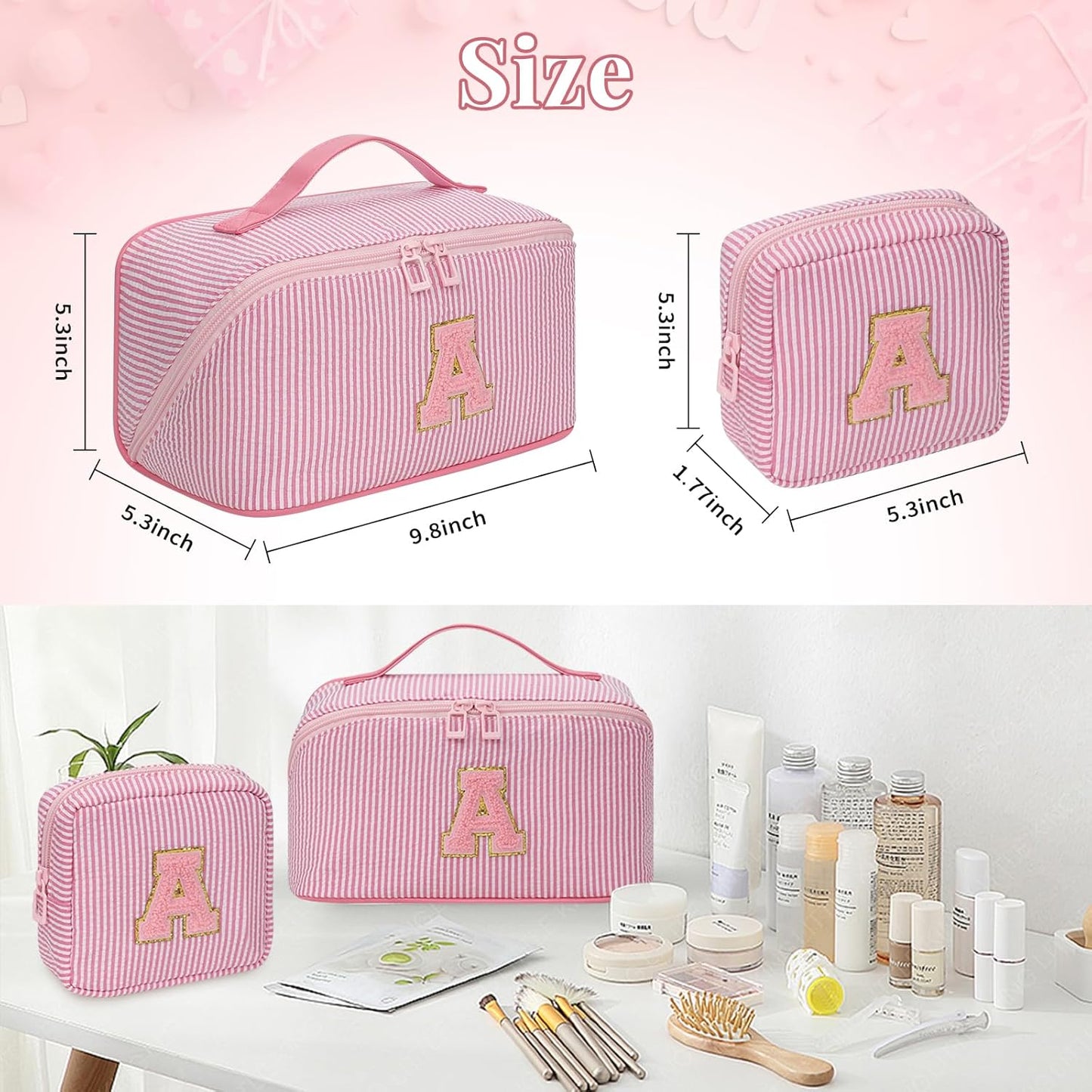 Travel Makeup Bag for Women, 2Pcs Portable Personalized Initial Makeup Organizer Bag, Open Flat Large Cosmetic Bag With Travel Essential Pouch (Pink Letter D)