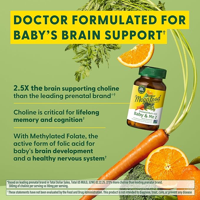 MegaFood Baby & Me 2 Prenatal Multi Minis - Prenatal Vitamins for Women with Choline & Methyl Folate - Gluten-Free, Vegetarian, Pre Natal Multivitamin for Women – 120 Minis Tablets, 30 Servings