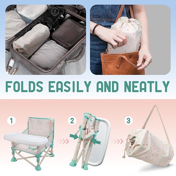 Tiny Marvels Portable 3-in-1 Baby Chair, Cozy Booster Seat, Baby Seat with Tray, Compact Foldable, Toddler Chair with Child Safety Belt Carry Bag, Perfect for Travel (Cream Confetti)