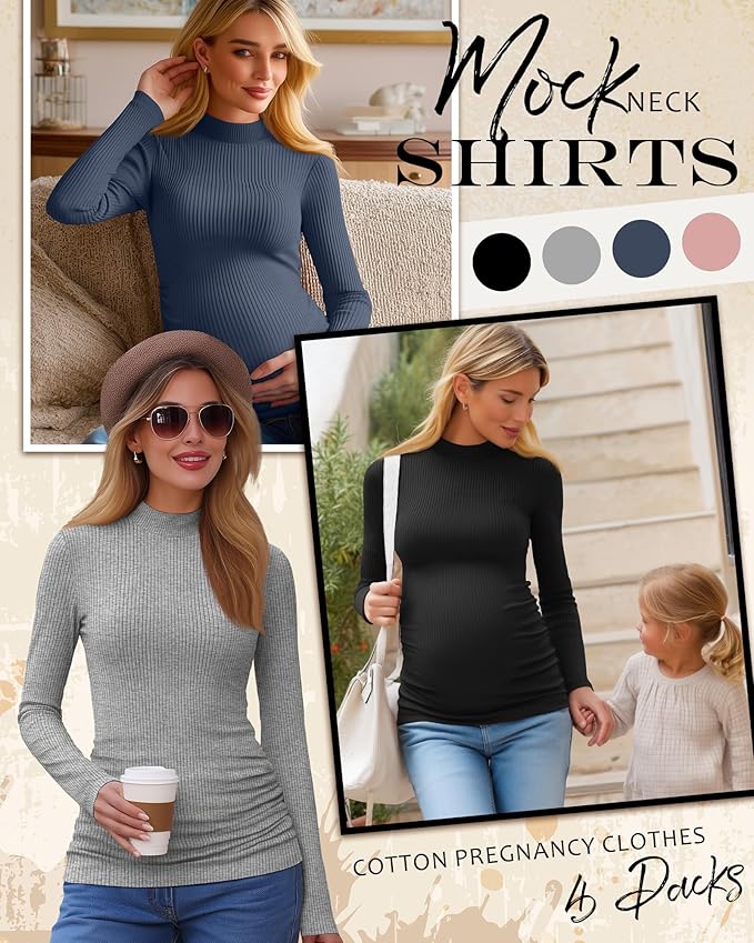 4 Packs Womens Maternity Shirts Long Sleeve Cotton Ribbed Pregnancy Mock Neck Side Ruched Workout Tops for Mama