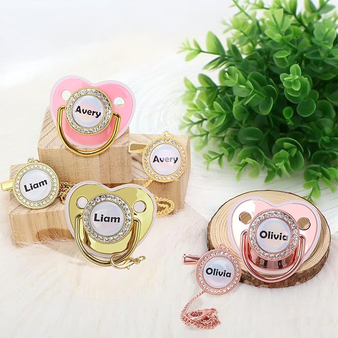 Custom Pacifier with Name, Bling Personalized Pacifier Clip Set with Gift Box Greeting Card, Glitter Crystal Luxurious Soother Dummy Ideal Gift for Girls Baby Shower Newborn Photography(Pink)