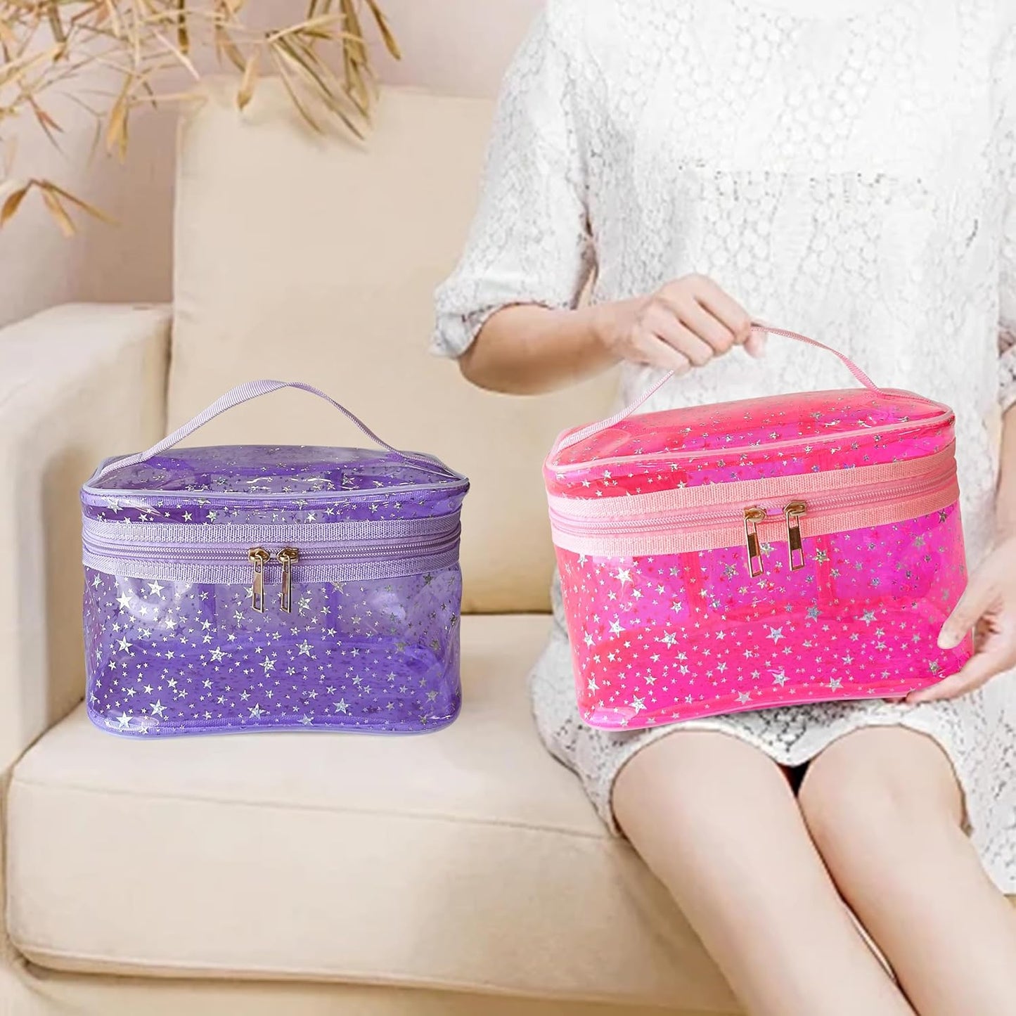 Holographic Makeup Bags Bulk,Clear Storage Bag Toiletry Pocket Portable Zippered Iridescent Pouch Waterproof Cosmetic Gift Bags for Women (Red-L)