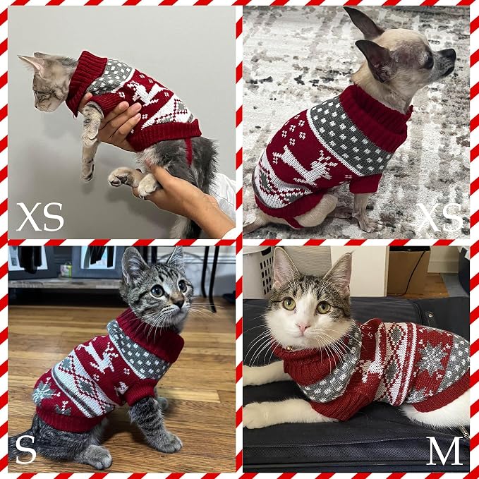Cat Christmas Sweater Pet Winter Warm Coat Pajamas Reindeer Snowflake Knitwear - Image 6