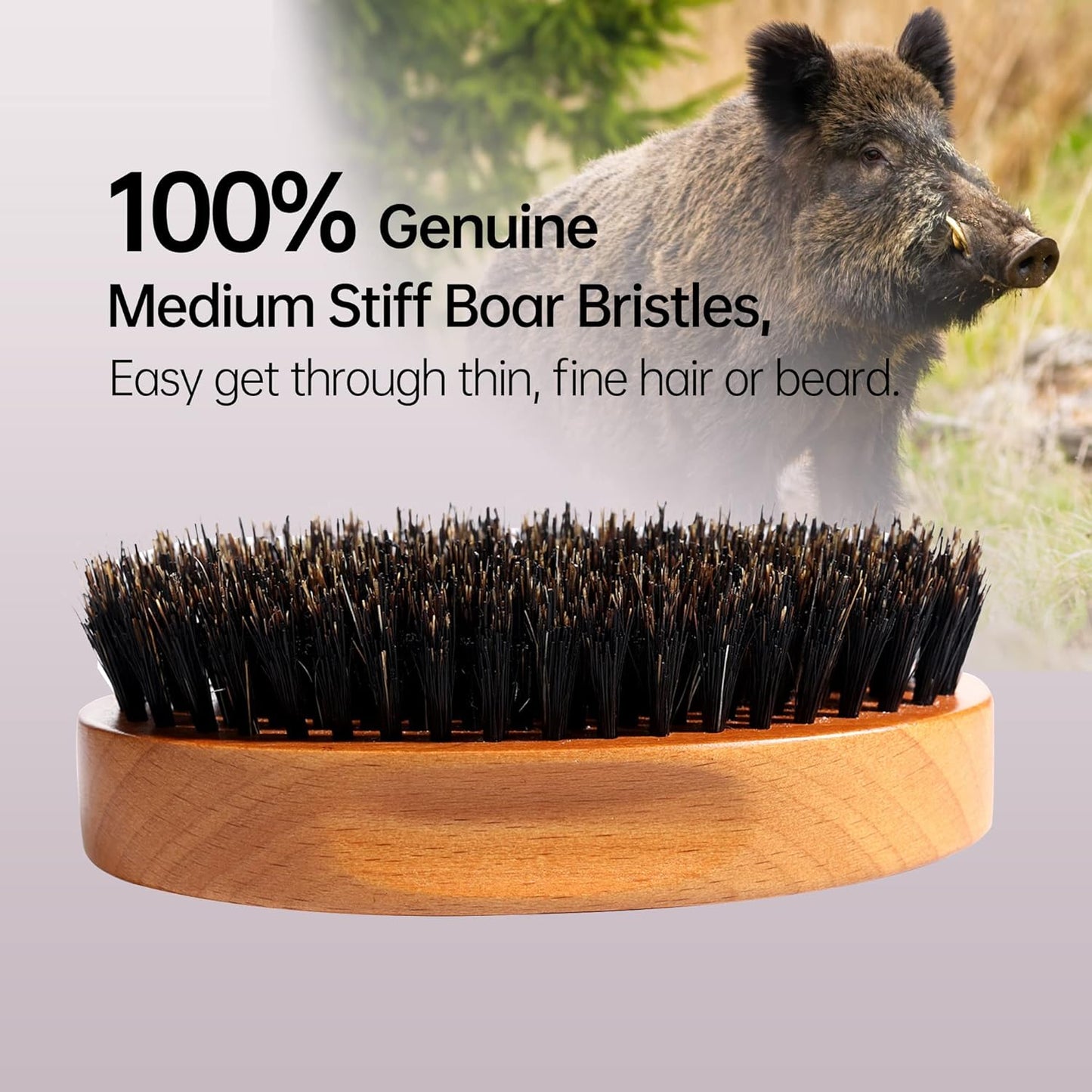 PERFEHAIR Boar Bristle Beard Brush for Men, Firm Bristles Wood Hair Comb for Mustache, Thin, Short Hair - Military Style
