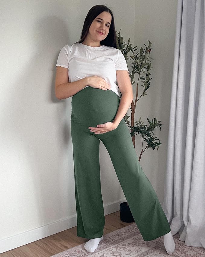 G4Free BareFeel Maternity Dress Yoga Pants Over The Belly Stretchy Work Slack Pregnancy Wide Leg Lounge Trousers