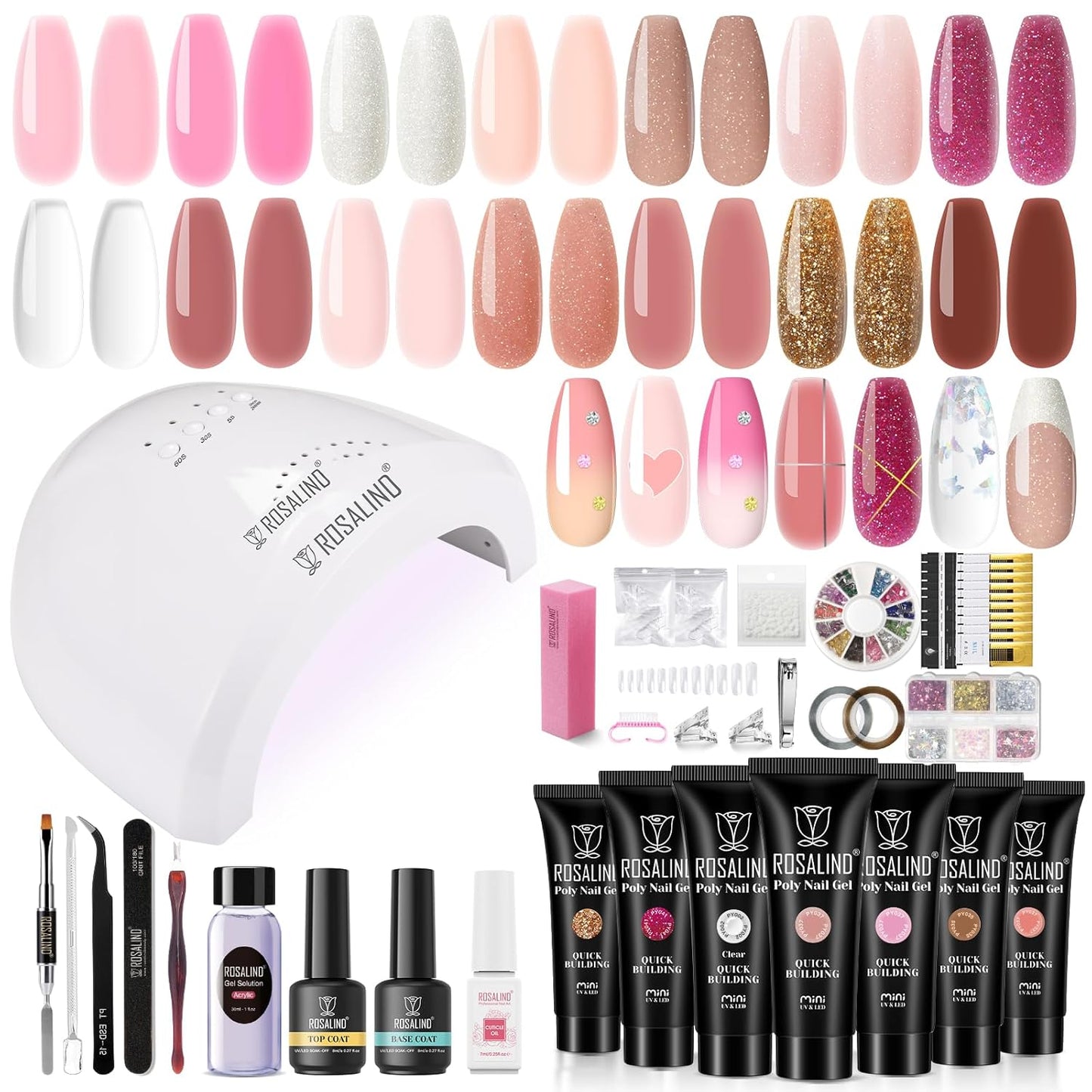 ROSALIND Poly Nail Gel Kit, 14 Colors Clear Nude Glitter Poly Nail Gels Kit with U V Light Poly Nails Gel Starter Kits For All Seasons Beginner DIY at Home