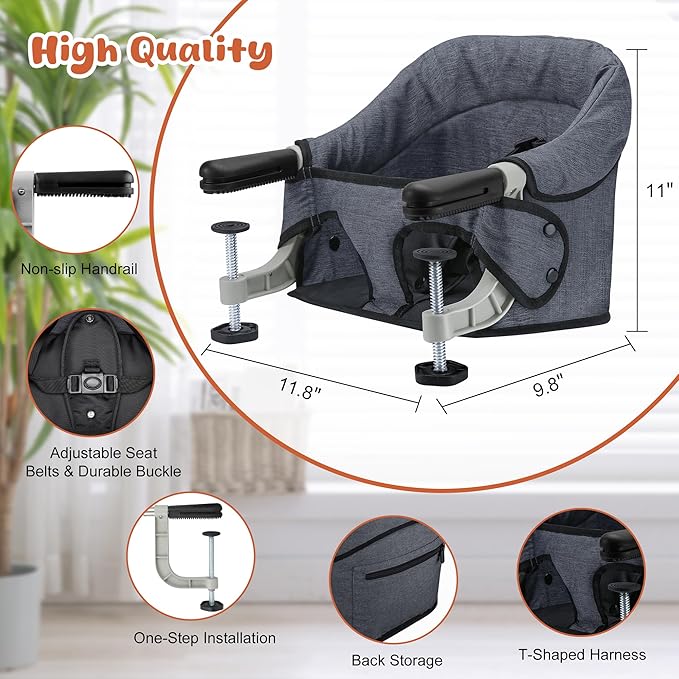 Hook On High Chair, Jozzve Clip on High Chair with Removable Dining Tray for Babies and Toddlers, Fold-Flat Storage Portable Baby Feeding Seat, Attach to Fast Table Chair for Home Travel (Grey)