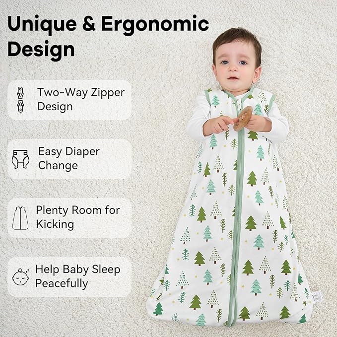 Baby Sleep Sack 6-12 Months 1.0 Tog Baby Wearable Blanket 100% Cotton Sleeping Sack with 2-Way Zipper for Infant Newborn Green Tree