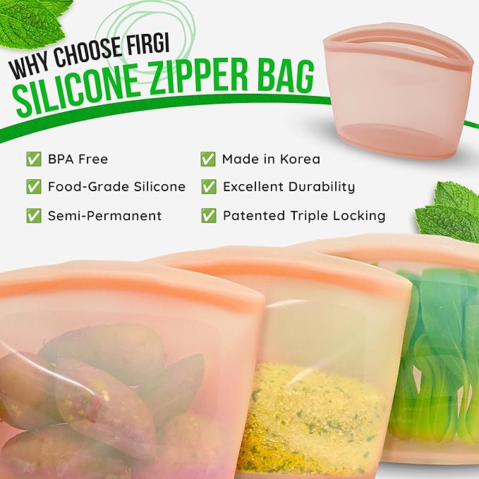 Premium Platinum Silicone Reusable Food Storage Bags 3-Pack (17 fl oz + 29 fl oz + 51 fl oz), Airtight Zip Lock Bags for Food, BPA-Free Silicone Freezer Bags, Rose