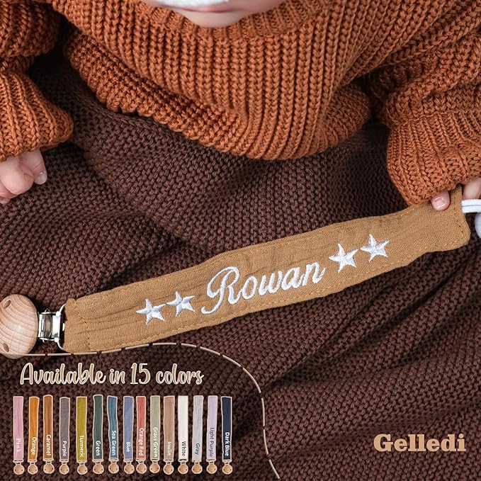 Personalized Bohemian Pacifier Clip Embroidered with Name is The Perfect Newborn Gift Made from eco-Friendly Bamboo! (Dark Blue)