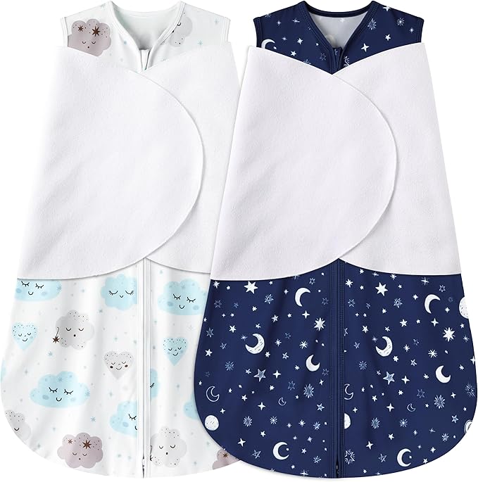 Newborn Sleep Sack Baby Swaddle,0-3 Months,3-Way Adjustable Wearable Blanket,100% Rayon Cotton Swaddling Sleeping Bag，TOG 0.5（Clouds&Starry Sky）