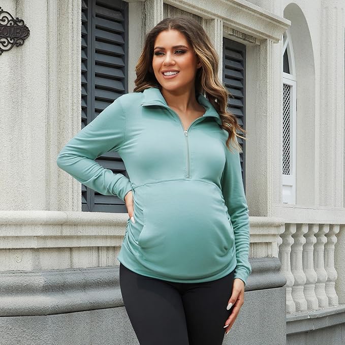 GINKANA Maternity Women's Long Sleeve Shirt Half Zipper Lapel Lightweight Casual Maternity Pullover with Pockets
